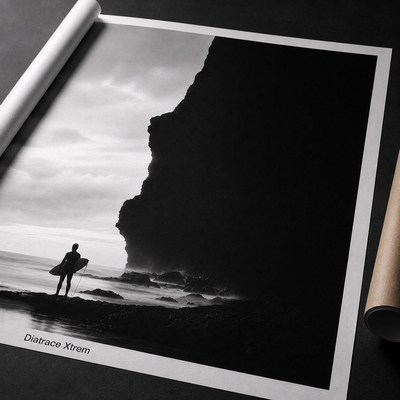 Tirage photo artistique noir et blanc d'un surfeur face à une falaise imprimé sur Diatrace Xtrem, présenté déroulé sur fond sombre avec tube kraft – papier photo premium Antalis France