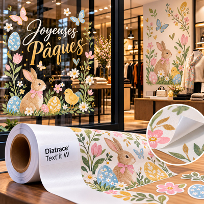Diatrace Text'it W : textile adhésivé repositionnable sans résidu de colle, 289 g/m², 300 µm, pour traceurs à encres aqueuses. Laizes de 914 et 1067 mm.