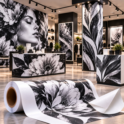 Bannière adhésive imprimable Diatrace Adhesive Banner : rouleau imprimé motif floral noir et blanc, rollup et habillage mural en magasin