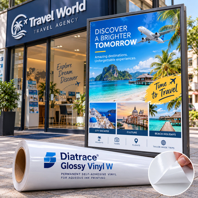 Vinyle adhésif monomère brillant jet d'encre Diatrace Glossy Vinyl W : habillage de vitrine publicitaire pour agence de voyage avec rouleau