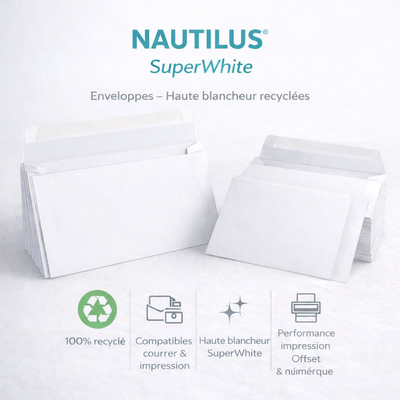 Enveloppes Nautilus SuperWhite – 100% recyclées, blancheur élevée et qualité premium pour correspondances responsables.