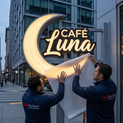 Techniciens appliquant le film translucide sans PVC 3M Envision 3735 sur l'enseigne en croissant de lune rétroéclairée d'un café