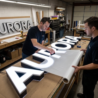Assemblage en atelier des lettres boîtier lumineuses Aurora avec le film coulé satiné 3M Envision 3735 appliqué à la raclette