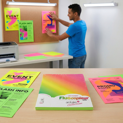 Fluocopieur – Ramette papier fluo A4 compatible laser pour affichage, signalétique et communication à fort impact.