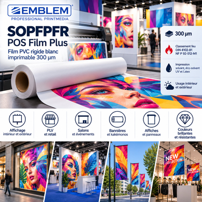 Film PVC rigide imprimable EMBLEM SOPFPFR M1 B1 en rouleau pour affichage vitrine et stand