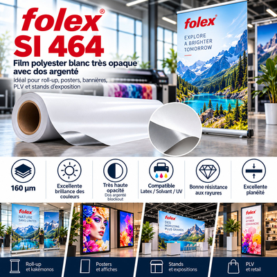 Film polyester satiné Folex SI 464 dos argenté opaque blockout pour roll-up et PLV