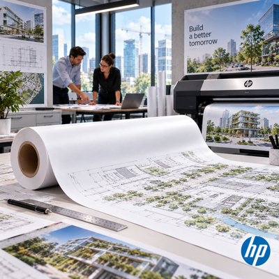 Impression de rendus architecturaux et de plans sur rouleau HP Universal Bond PW XL avec un traceur industriel