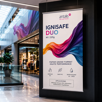 Sunisolvant Ignisafe Duo M1 220g : papier ignifugé M1 imprimable deux faces. Satiné anti-reflet, sans PVC ni phtalates. Compatible solvant/UV/latex. Halls, roll-up, ERP.