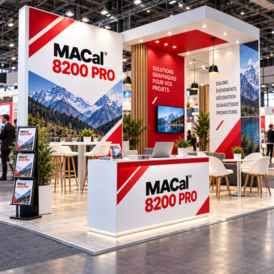 Stand d'exposition et comptoir d'accueil événementiel habillés avec le film vinyle monomère MACal 8200 Pro