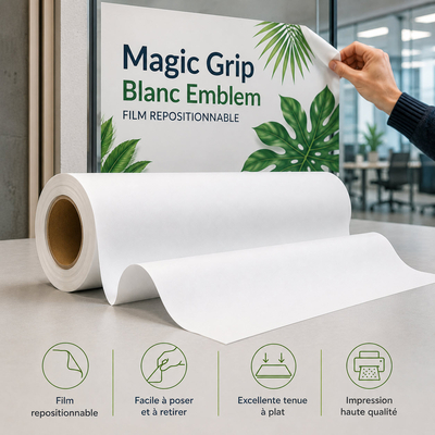 Magic Grip Blanc Emblem : film polypropylène à micro-ventouse, sans colle, repositionnable. Vitrines, promotions courte durée. Solvant, UV, latex.
