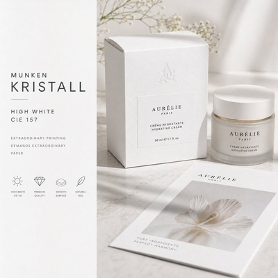 Munken Kristall – Papier offset premium High White non couché, contraste élevé, surface lisse et certifications FSC & PEFC. application Packaging premium