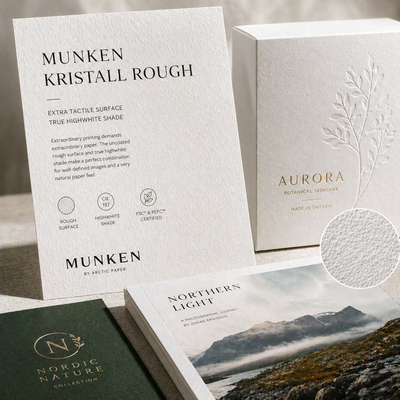 Munken Kristall Rough – Papier offset premium rough High White, bulk élevé, contraste intense et certifications FSC & PEFC.