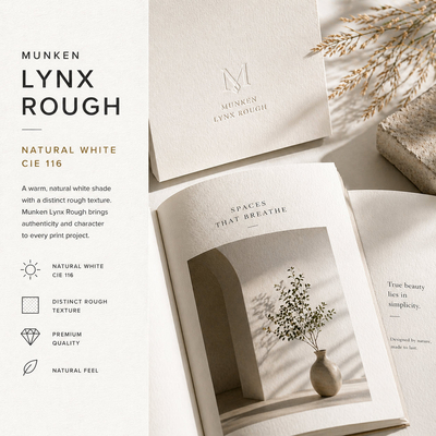 Papier offset surface vélin extra tactile blanc naturel, bulk élevé et certifications environnementales.