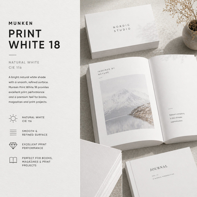 Munken Print White – Papier livre premium blanc, bulk jusqu’à 2.0, haute lisibilité et compatible offset & inkjet haute vitesse.