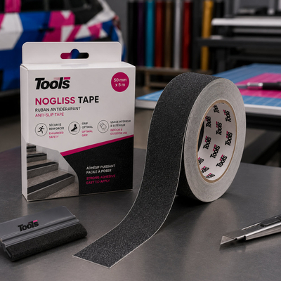 Tools NOGLISS Tape : ruban antidérapant acrylique, grains d'oxyde d'aluminium. Résiste humidité, graisse, détergents. Escaliers, rampes PMR, ERP.