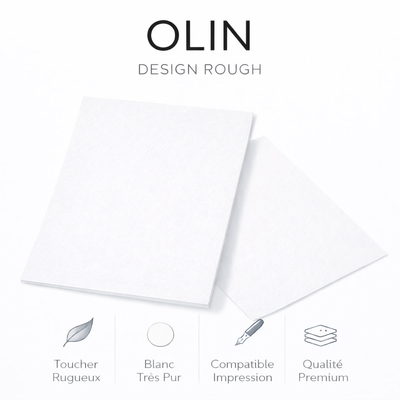 Olin Design Rough – Papier de création texturé, rendu authentique, impressions offset et laser pour supports premium.