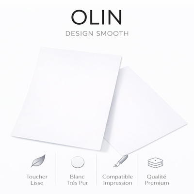Olin Design Smooth – Papier de création vélin, rendu précis, impressions offset et laser pour supports premium.