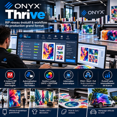 ONYX Thrive : logiciel RIP réseau pour plusieurs imprimantes, 4 moteurs Adobe RIP, imbrication par IA, outils textiles DTG et DTF, découpe rouleau.