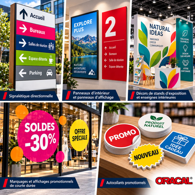 Mosaïque d'applications du film monomère ORACAL 641 : signalétique directionnelle, vitrine promotionnelle, stand et stickers