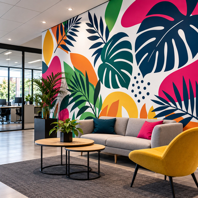 Fresque murale grand format aux motifs botaniques réalisée en vinyle adhésif découpe couleur ORACAL 641