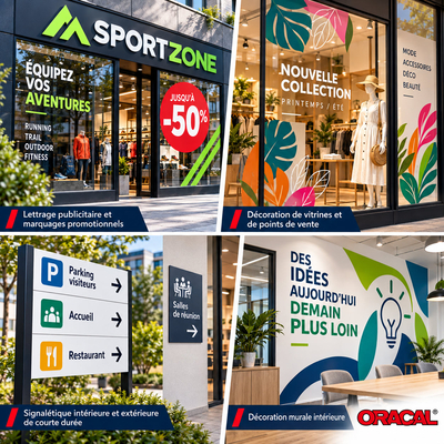 Décoration murale d'entreprise avec texte motivant et éléments graphiques découpés en vinyle adhésif couleur ORACAL 641