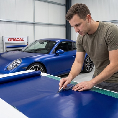 Technicien découpant un lé de film de covering bleu mat ORACAL 970RA sur table d'atelier