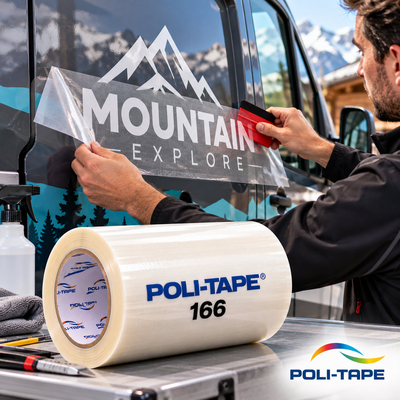 Rouleau de film de transfert Poli-Tape 165 sur protecteur papier siliconé et pose de lettrage à la raclette