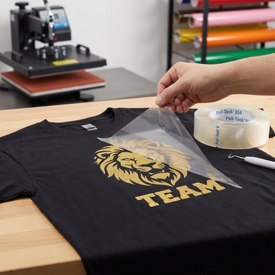Main retirant le film de transfert transparent POLI-TACK 854 d'un t-shirt noir floqué d'un motif lion doré