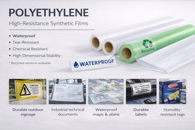 Polyéthylène – Films synthétiques résistants à l’eau et aux déchirures, idéals pour signalétique et documents durables.