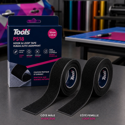 Tools PS18 : ruban velcro mâle/femelle, fixation démontable et réutilisable par simple pression. Découpe sur mesure, sans outil.