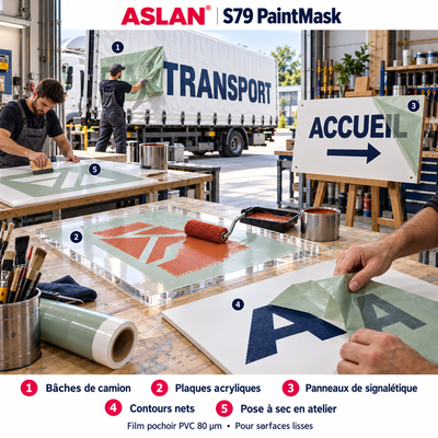 Atelier de signalétique utilisant le film pochoir Aslan S 79 pour le lettrage peint de bâches de poids lourds et plaques d'enseigne";13.1;226635;LO;LOSO_MI2_Pochoir_ASLAN_S79_003.jpg;French;Atelier de signalétique utilisant le film pochoir Aslan S 79 pour le lettrage peint de bâches de poids lourds et plaques d'enseigne"