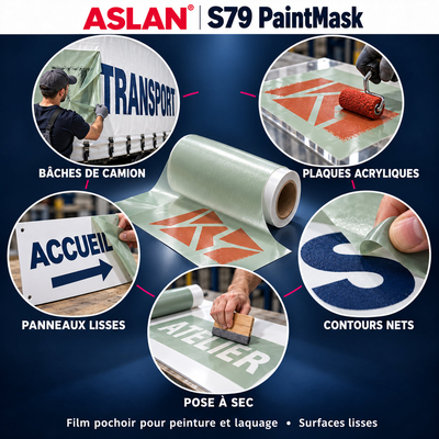Guide d'application du pochoir adhésif Aslan S 79 pour laquage industriel : bâches PVC, enseignes acryliques et pose à sec en atelier