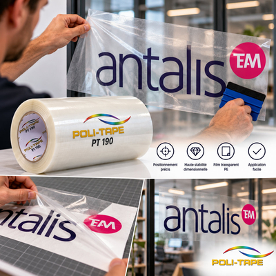 Application de logo et lettrage sur vitrage avec le film de transfert transparent PE haute stabilité POLI-TAPE PT 190