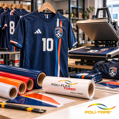 Rouleaux de flex thermotranfert Poli-Flex Turbo et maillot de football floqué à la presse à chaud