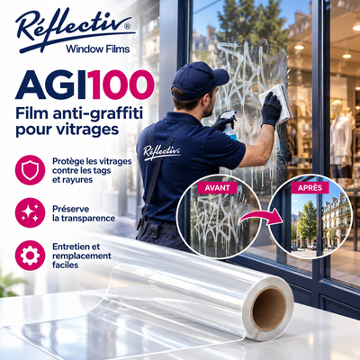 Technicien nettoyant un tag sur une vitrine protégée par le film anti-graffitis Reflectiv AGI100 avec vignette avant et après