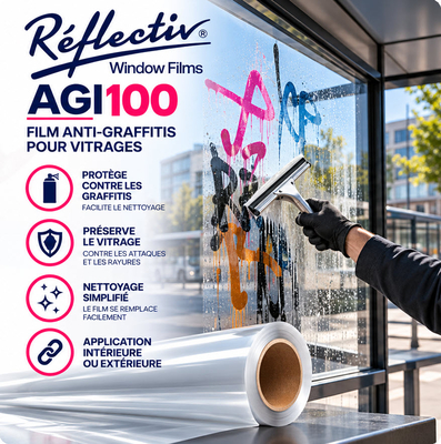 Nettoyage à la raclette de peintures bombées sur la vitre d'un abribus équipée du film de protection Reflectiv AGI100