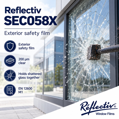 Démonstration de retenue des éclats de verre lors d'un choc violent sur vitrage équipé du film de sécurité extérieur Reflectiv SEC 058X