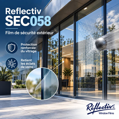Démonstration de protection du vitrage contre le bris de verre avec gros plan sur le film de sécurité extérieur Reflectiv SEC 058