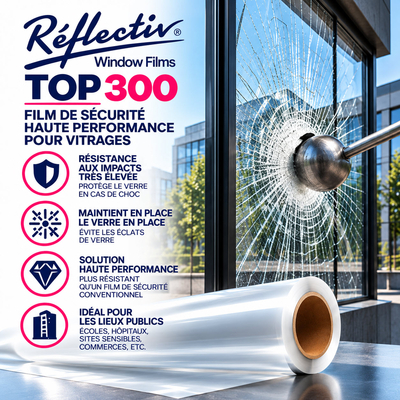Simulation de résistance aux chocs sur une vitre de bâtiment et rouleau de film adhésif de haute sécurité Reflectiv TOP 300