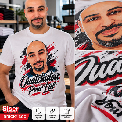 T-shirt blanc porté Ouatchidou Pour Lui avec portrait illustré et typographie en relief 3D réalisée en flex épais Siser Brick 600
