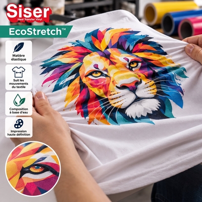 Démonstration d'étirement et détails de texture d'un visuel lion imprimé sur t-shirt en flex extensible Siser EcoStretch