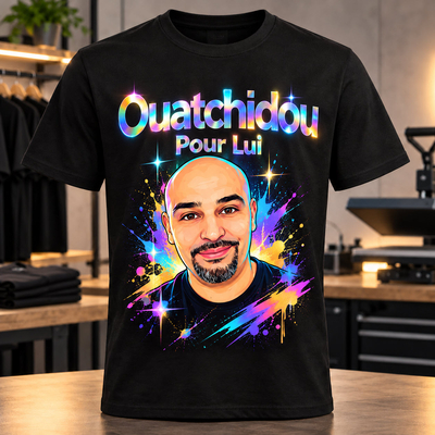 T-shirt noir personnalisé avec portrait coloré et typographie effet holographique brillant Ouatchidou Pour Lui