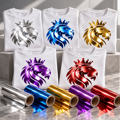Série de t-shirts blancs avec logo lion couronné effet miroir réalisé en flex Siser Metal argent, bleu, or, violet et rouge