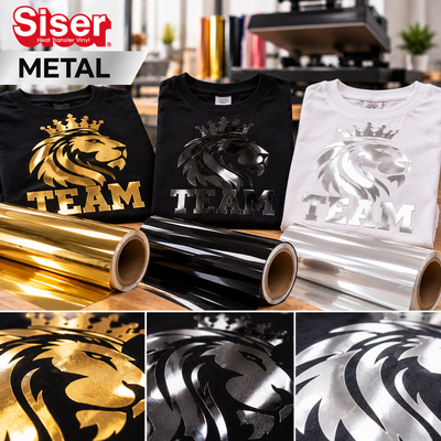 T-shirts noirs et blanc floqués du motif lion et typographie Team en flex métallisé brillant Siser Metal or, chrome noir et argent