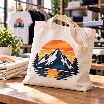 Sac cabas tote bag en toile personnalisé d'une illustration de montagne avec le flex thermique POLI-FLEX BLOCKOUT SOFT