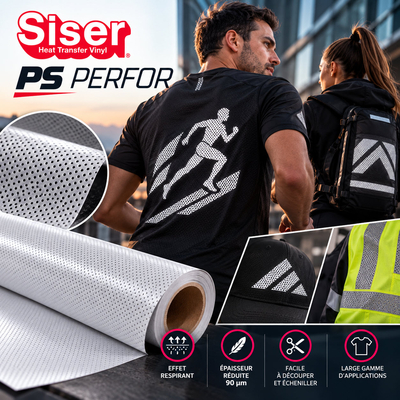 Sportifs portant des vêtements techniques personnalisés en flex Siser PS Perfor avec gros plan sur la texture perforée du rouleau