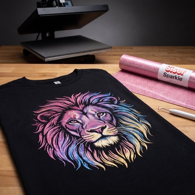 T-shirt noir personnalisé d'un visuel lion aux reflets pailletés rose et bleu avec un rouleau Siser Sparkle Pink