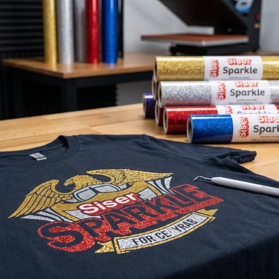 T-shirt noir floqué d'un logo aigle avec typographie Siser Sparkle réalisée en flex pailleté rouge, or, argent et bleu