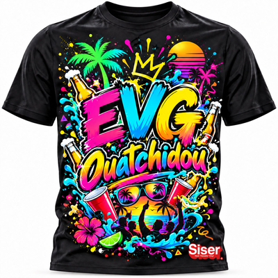 T-shirt noir imprimé d'un visuel festif fluo EVG Ouatchidou réalisé avec le flex imprimable Siser HI-5 Print