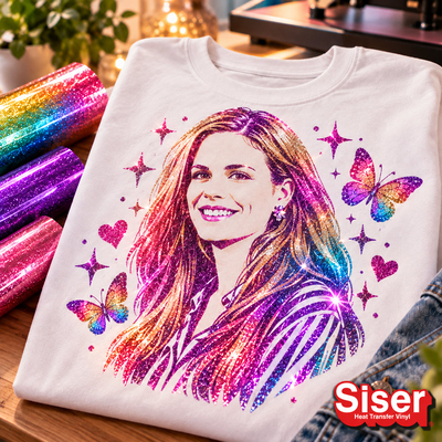 T-shirt blanc personnalisé d'un portrait illustré et papillons scintillants en flex pailleté lisse Siser Twinkle